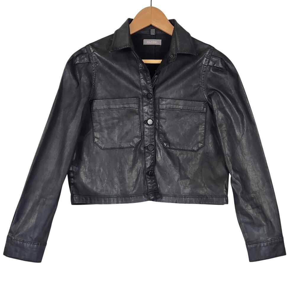DL1961 Womens Wax-Coated Cropped Jacket/Shirt SZ XS Black Puff Sleeve Stretch